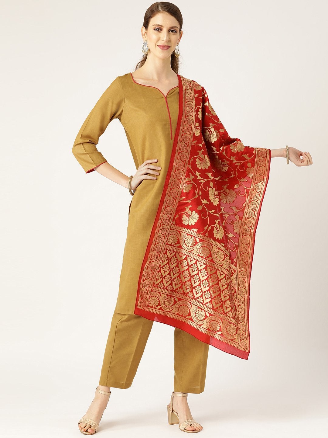 Women's Golden Brown Kurta With Pants & Red Brocade Dupatta - SHAE