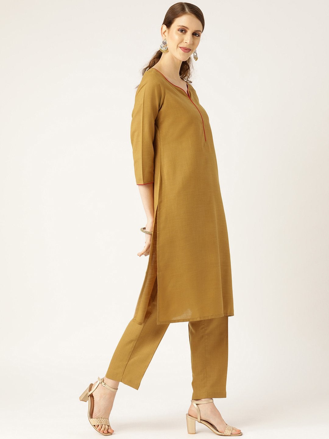 Women's Golden Brown Kurta With Pants & Red Brocade Dupatta - SHAE