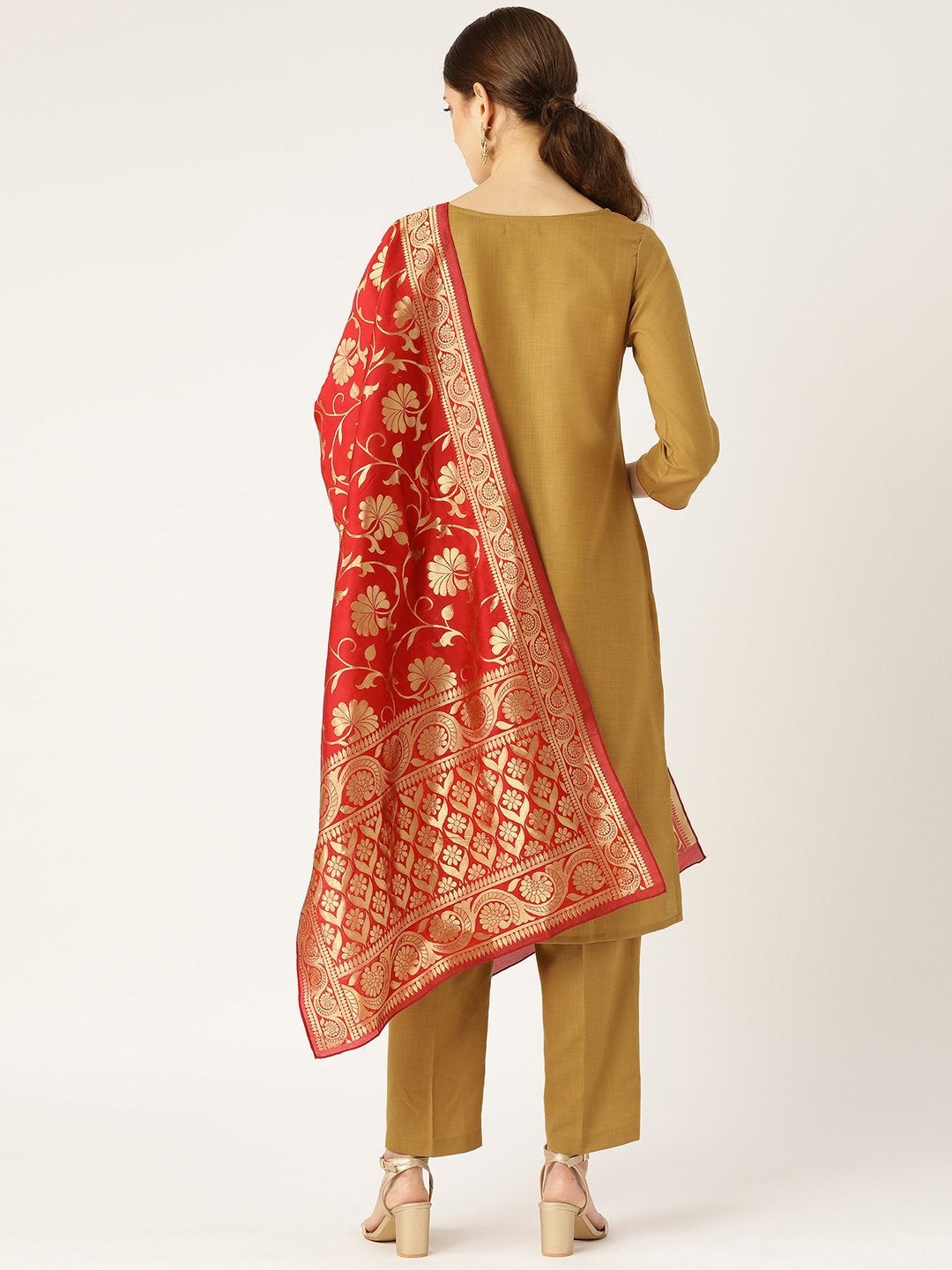 Women's Golden Brown Kurta With Pants & Red Brocade Dupatta - SHAE