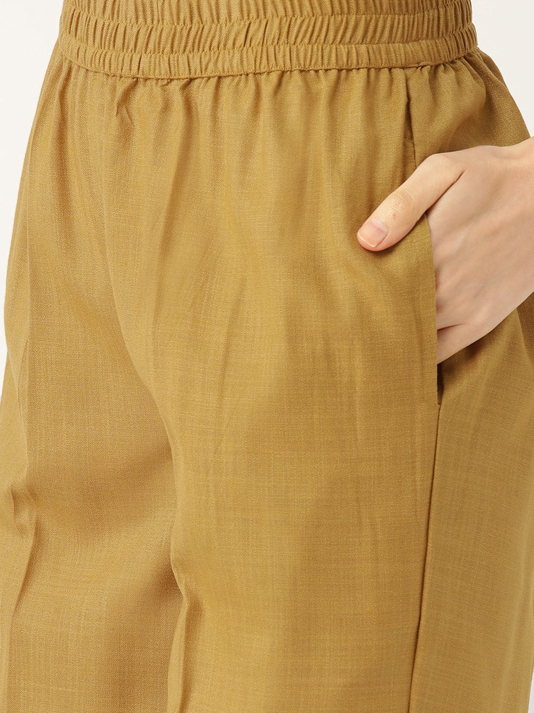Women's Golden Brown Kurta With Pants & Red Brocade Dupatta - SHAE