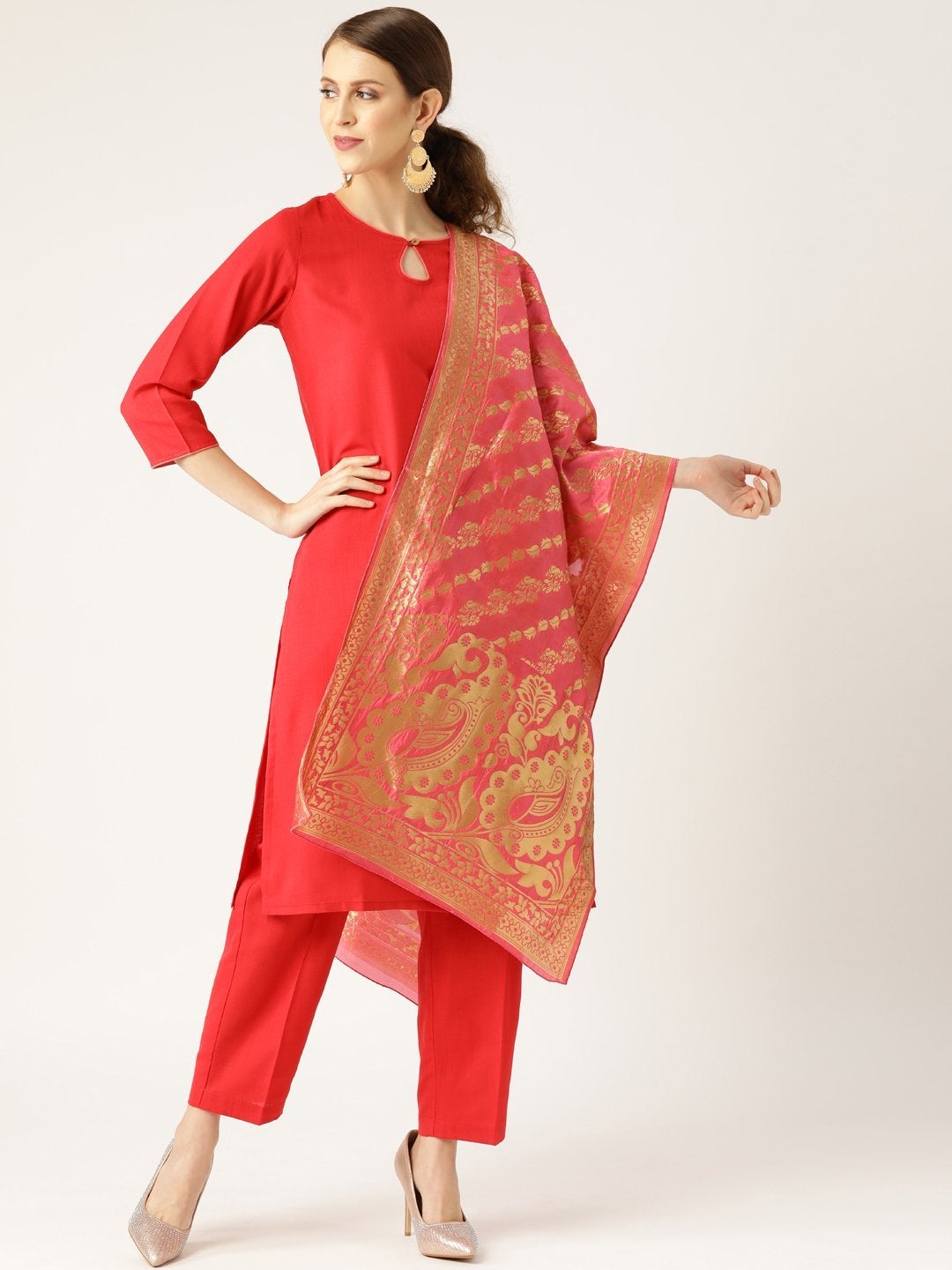Women's Red Kurta With Pants & Fuchsia Brocade Dupatta - SHAE