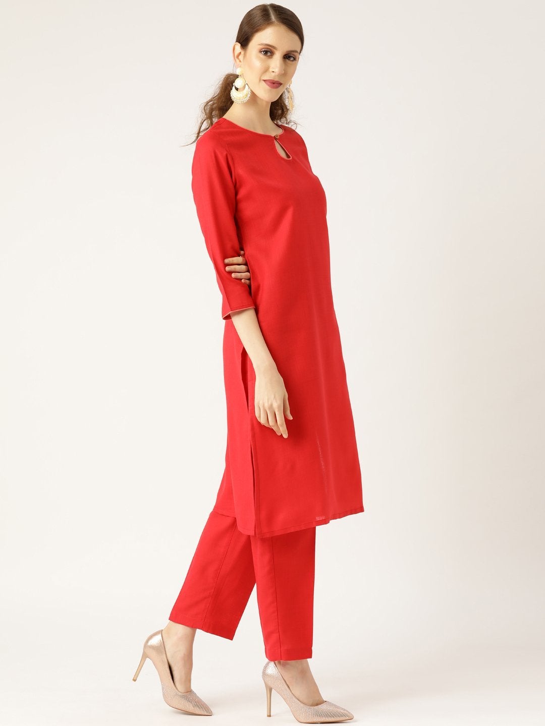 Women's Red Kurta With Pants & Fuchsia Brocade Dupatta - SHAE