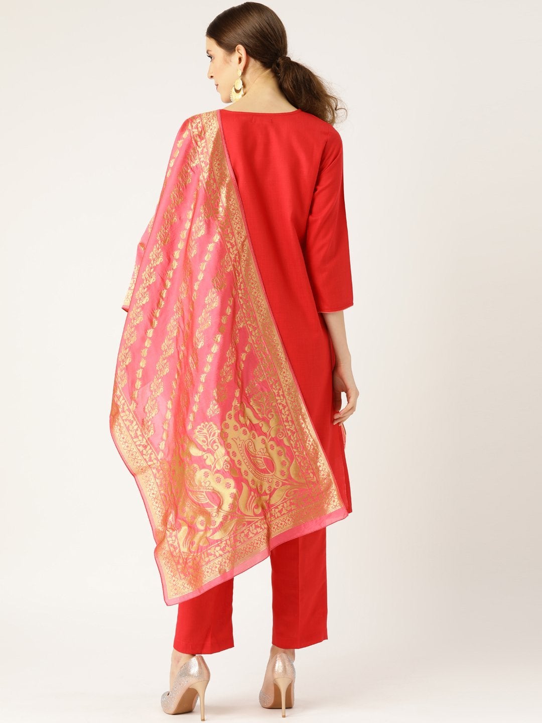 Women's Red Kurta With Pants & Fuchsia Brocade Dupatta - SHAE