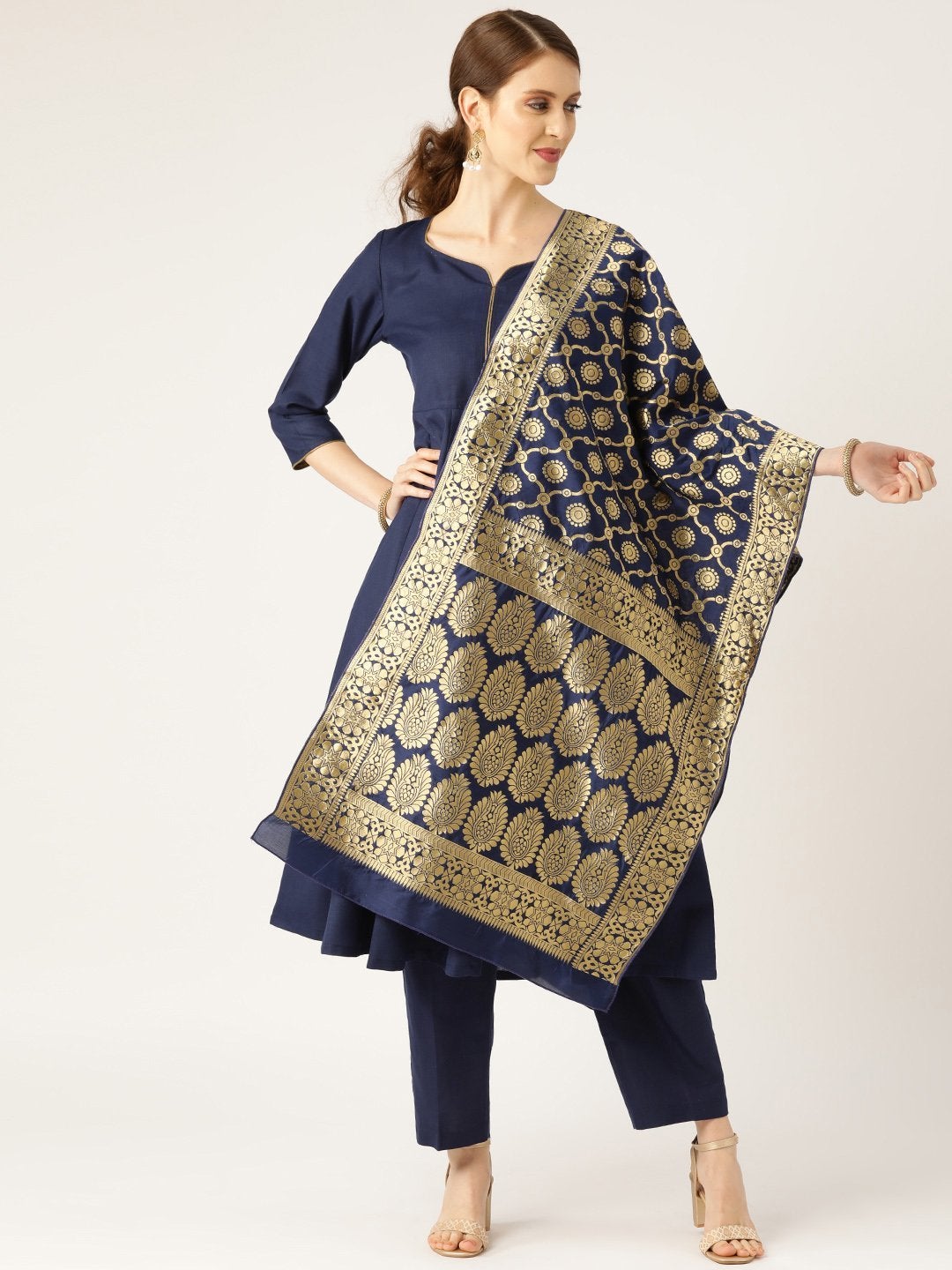 Women's Navy Anarkali With Pants & Navy Brocade Dupatta - SHAE