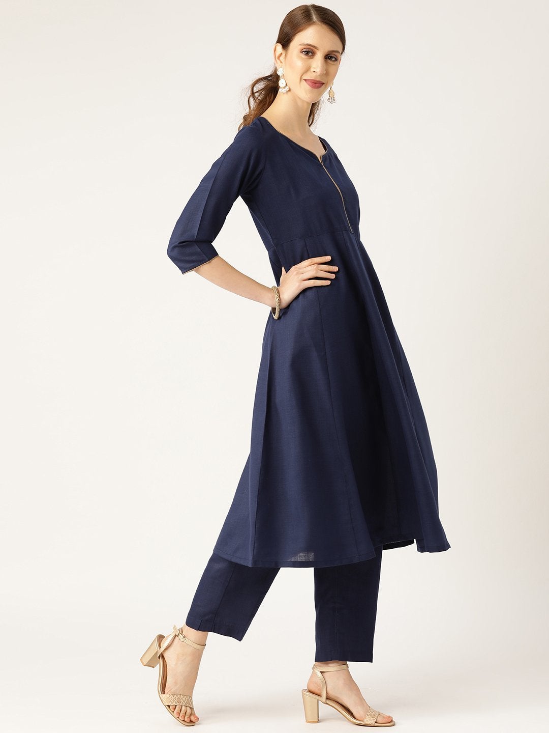 Women's Navy Anarkali With Pants & Navy Brocade Dupatta - SHAE