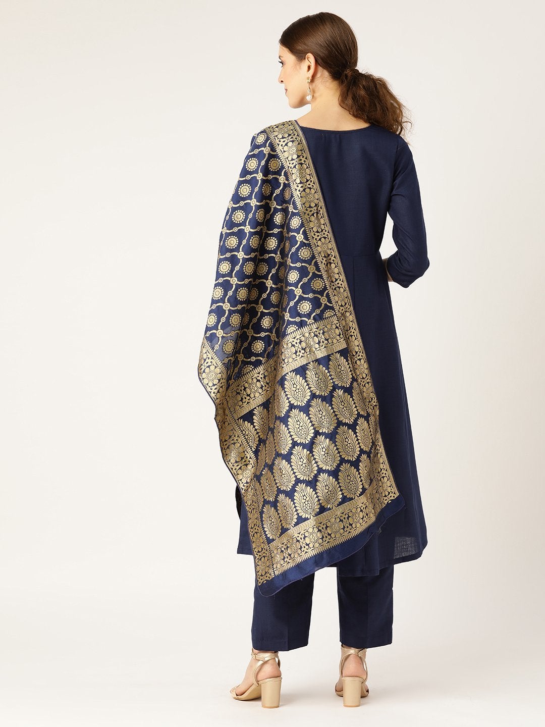 Women's Navy Anarkali With Pants & Navy Brocade Dupatta - SHAE