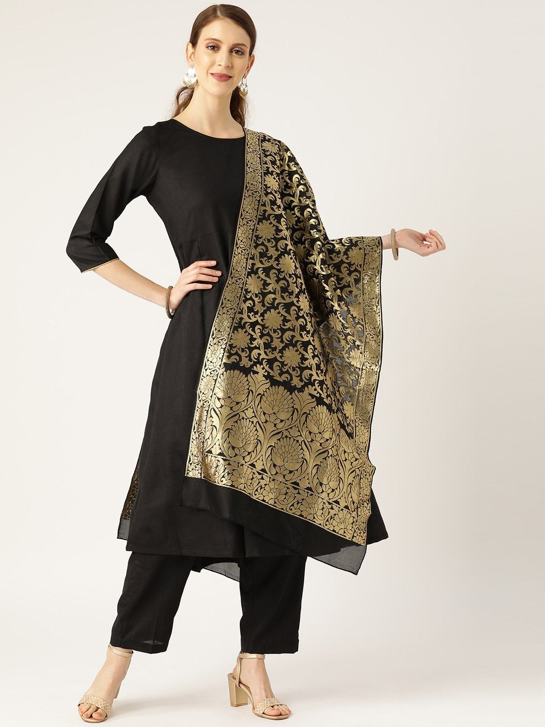 Women's Black Anarkali With Pants & Black Brocade Dupatta