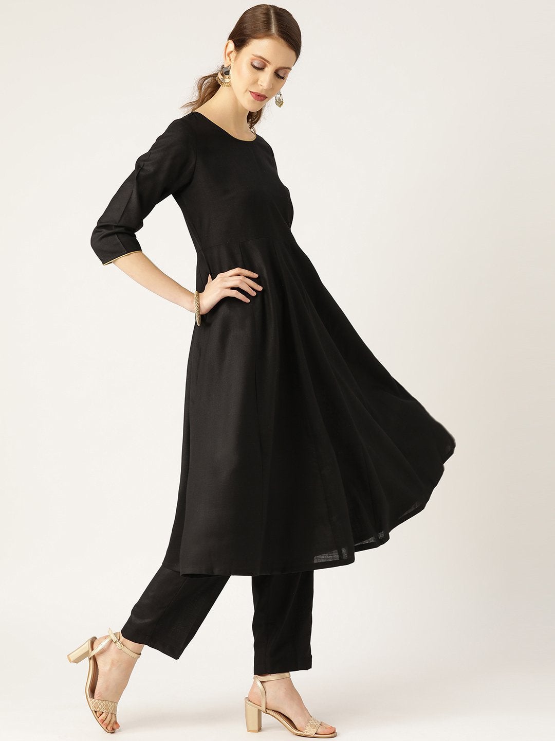Women's Black Anarkali With Pants & Black Brocade Dupatta
