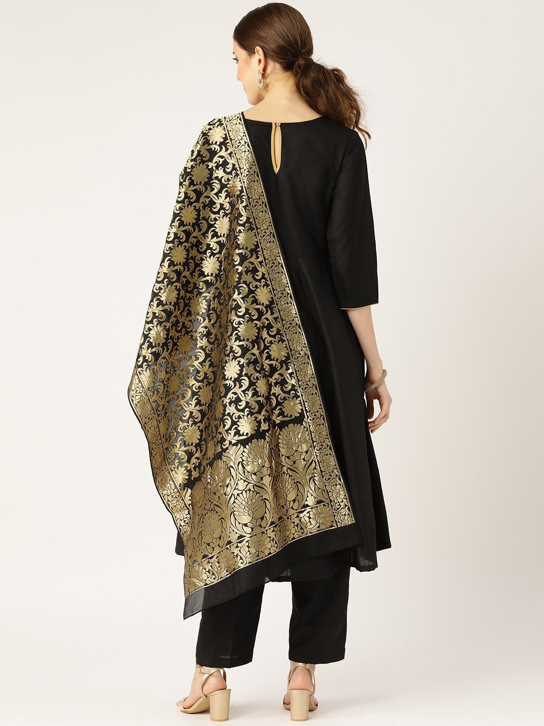 Women's Black Anarkali With Pants & Black Brocade Dupatta