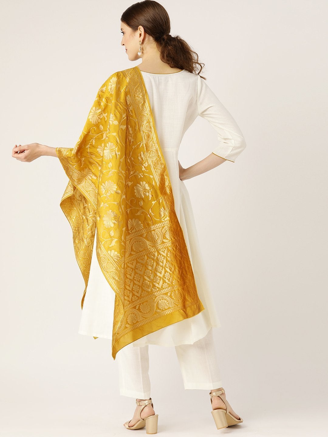 Women's Off White Anarkali With Pants & Golden Brocade Dupatta - SHAE