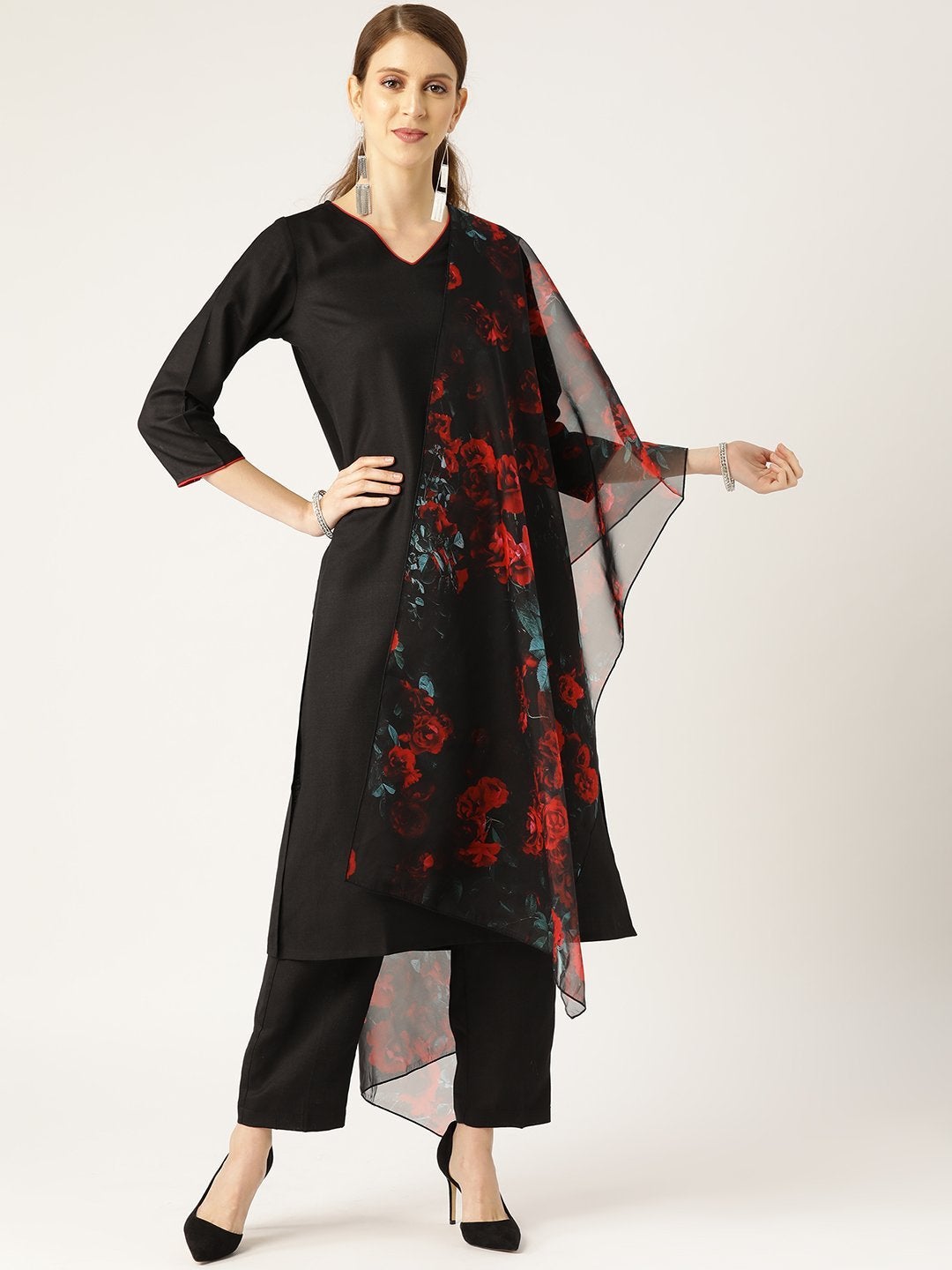 Women's Black Kurta With Pants & Black Organza Dupatta - SHAE