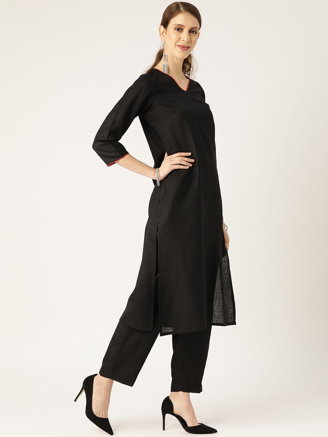 Women's Black Kurta With Pants & Black Organza Dupatta - SHAE