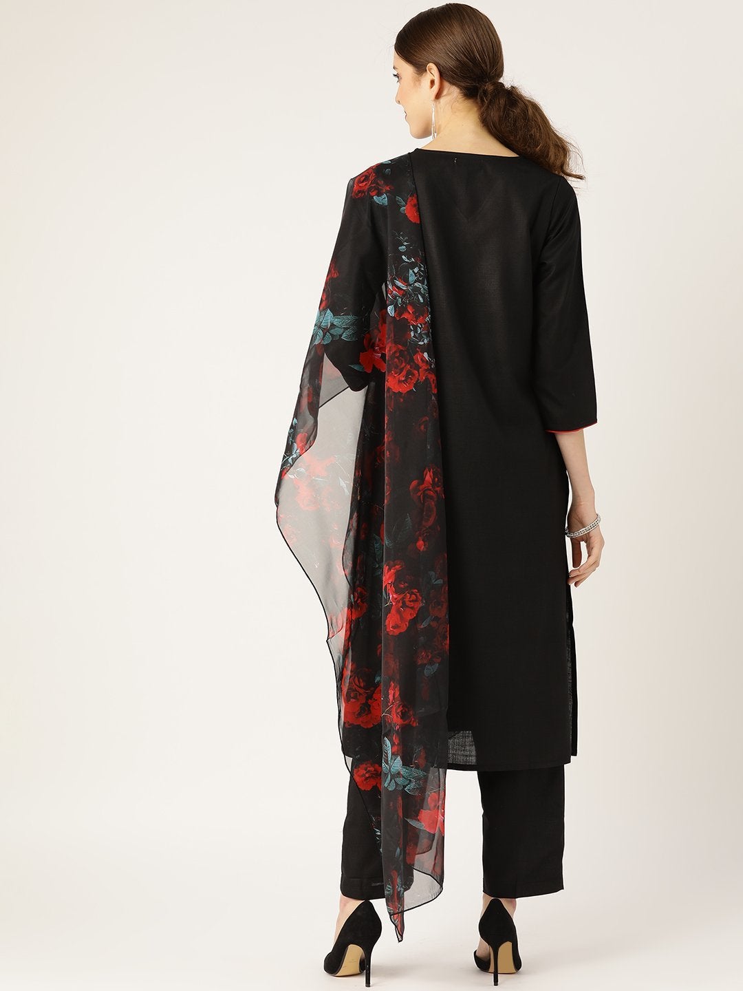 Women's Black Kurta With Pants & Black Organza Dupatta - SHAE