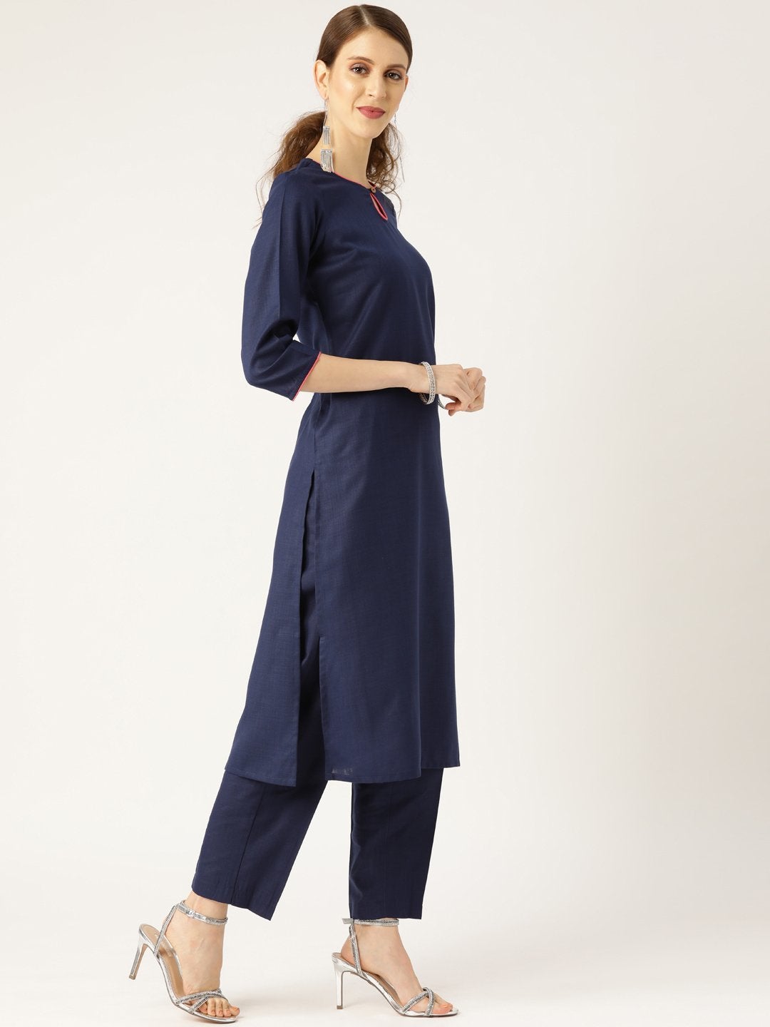 Women's Navy Kurta With Pants & Navy Organza Dupatta - SHAE