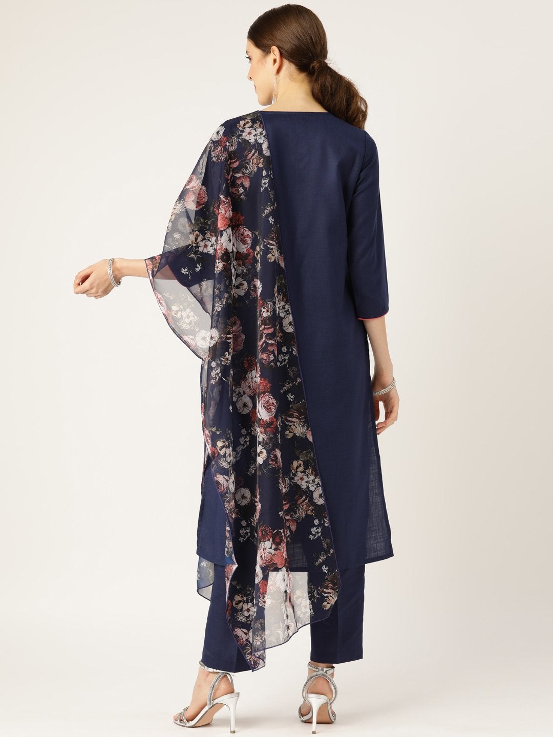Women's Navy Kurta With Pants & Navy Organza Dupatta - SHAE