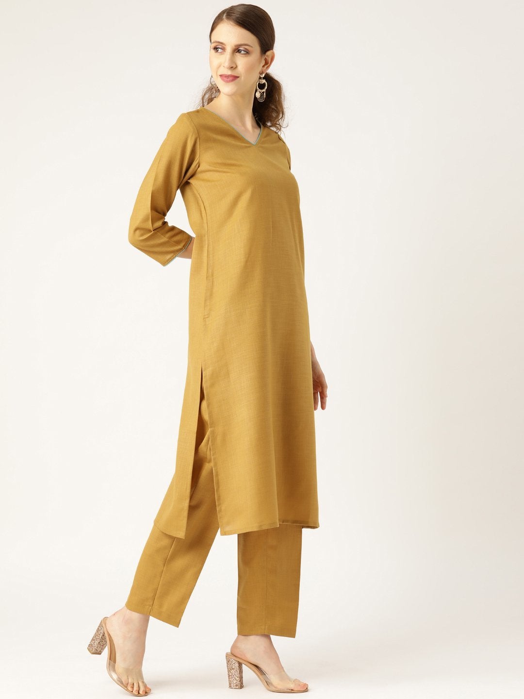 Women's Golden Kurta With Pants & Golden Organza Dupatta - SHAE