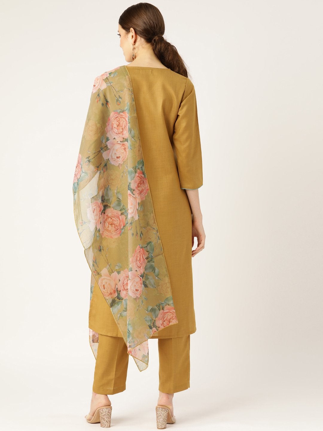 Women's Golden Kurta With Pants & Golden Organza Dupatta - SHAE