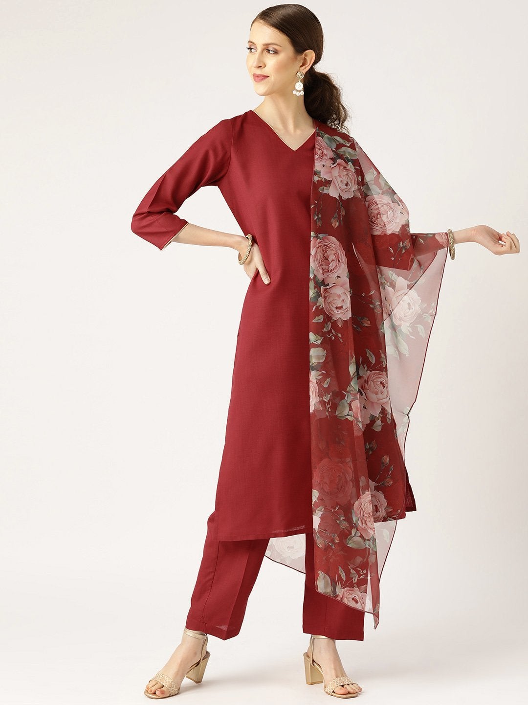 Women's Maroon Kurta With Pants & Maroon Organza Dupatta - SHAE