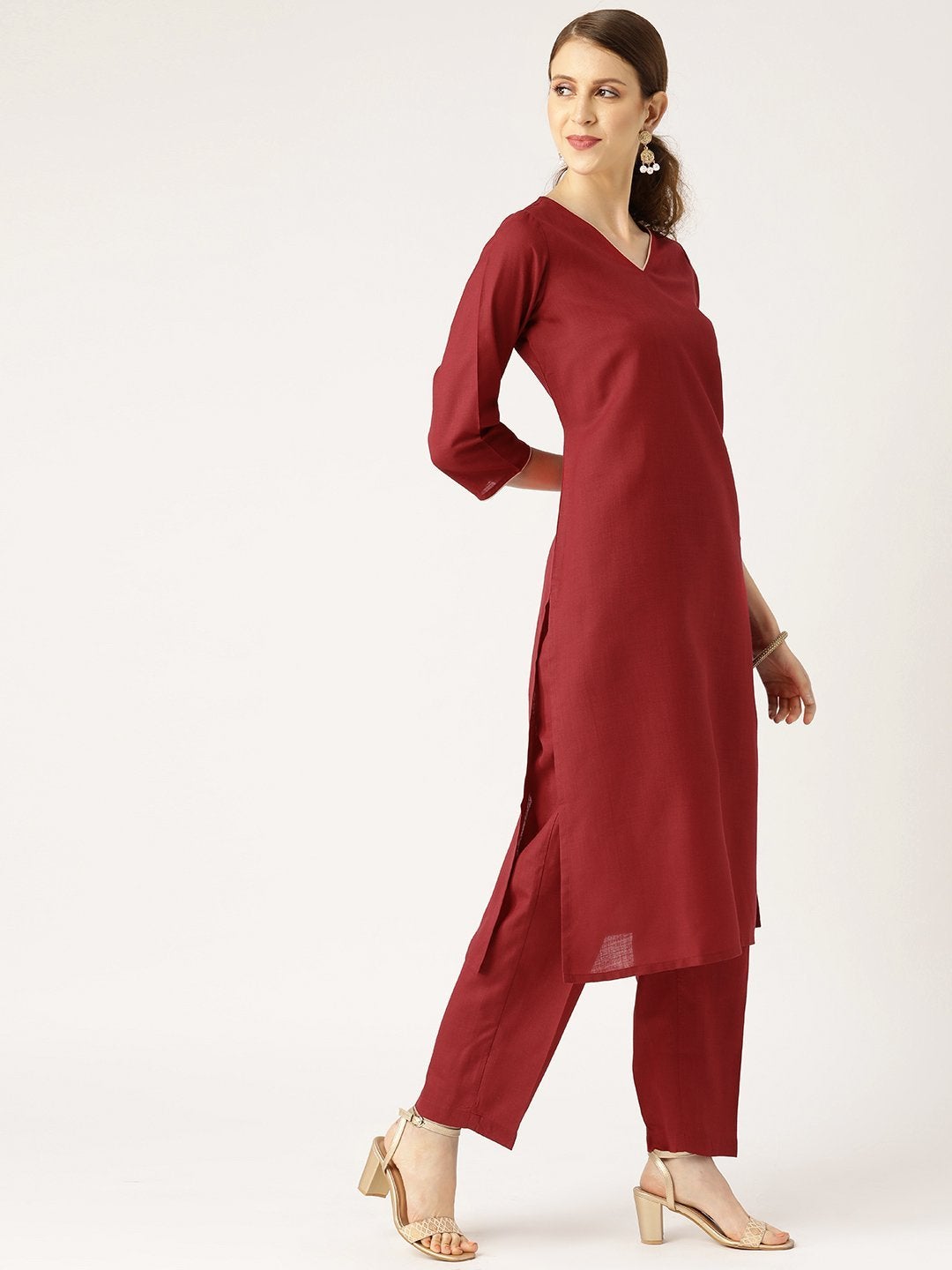 Women's Maroon Kurta With Pants & Maroon Organza Dupatta - SHAE