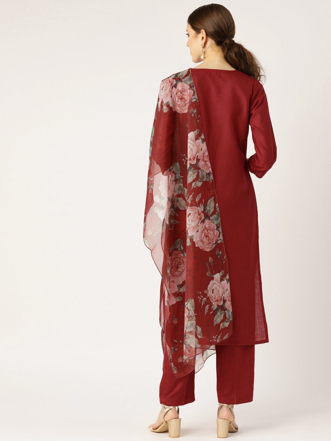 Women's Maroon Kurta With Pants & Maroon Organza Dupatta - SHAE
