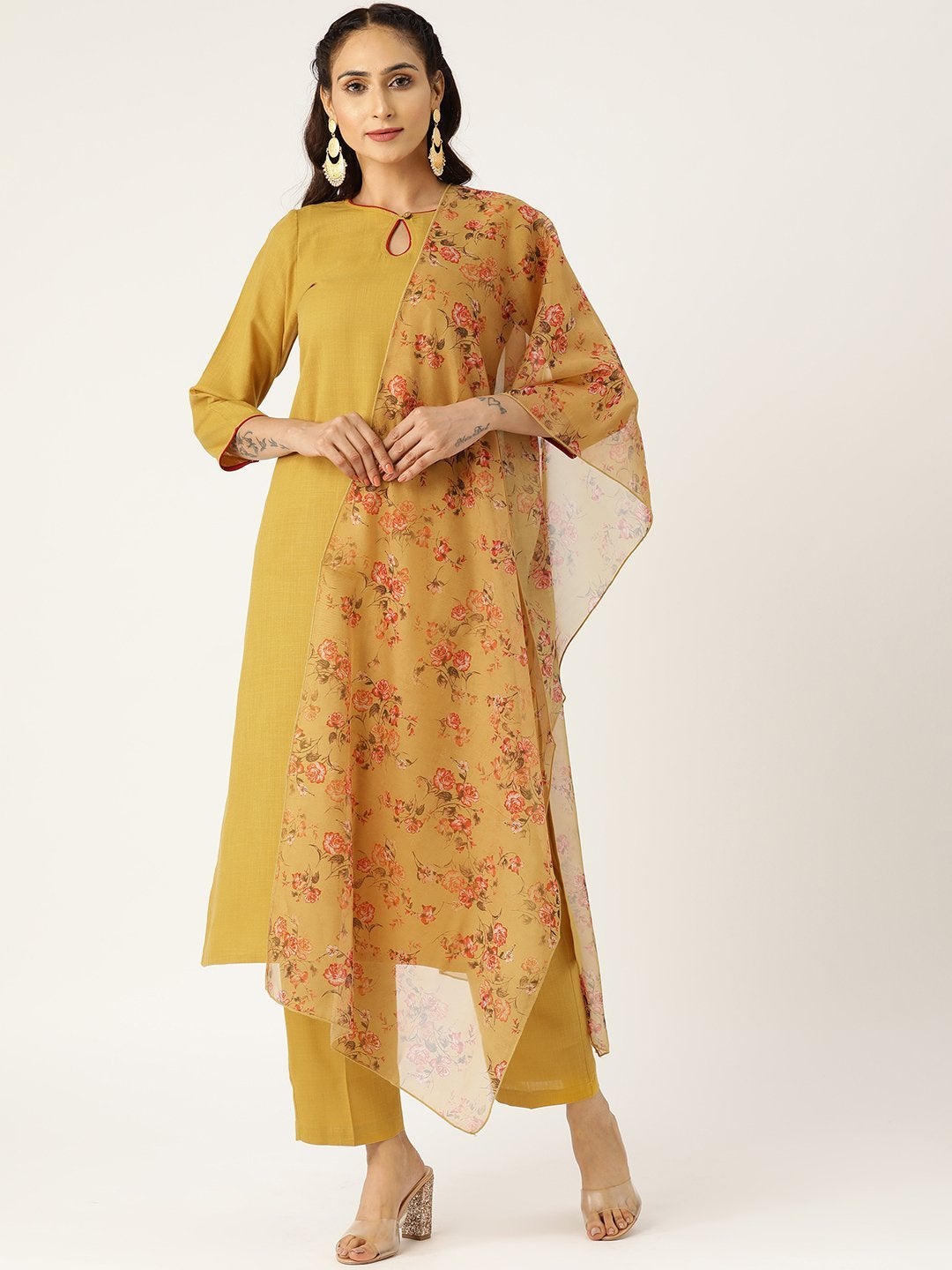 Women's Mustard Kurta With Pants & Mustard Organza Dupatta - SHAE