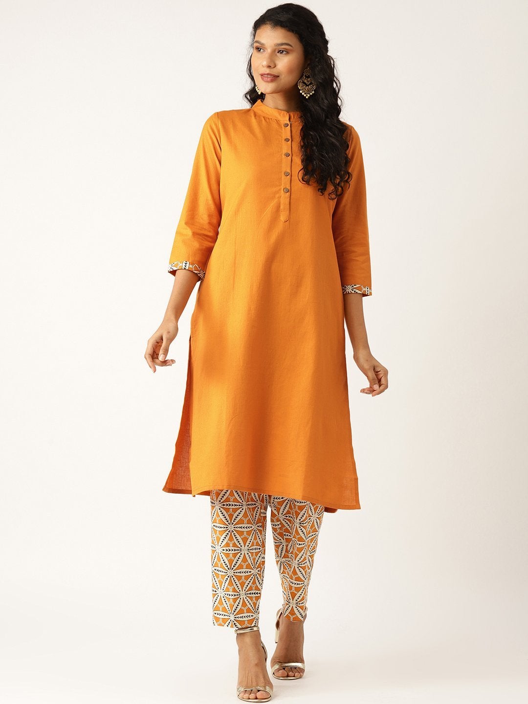 Women's Mustard Floral Straight Kurta With Pants - SHAE