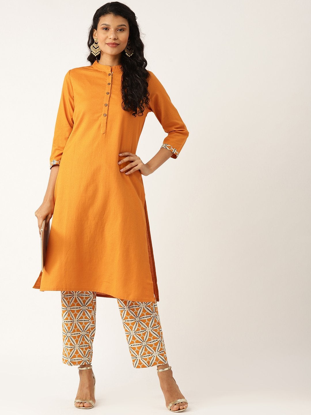 Women's Mustard Floral Straight Kurta With Pants - SHAE