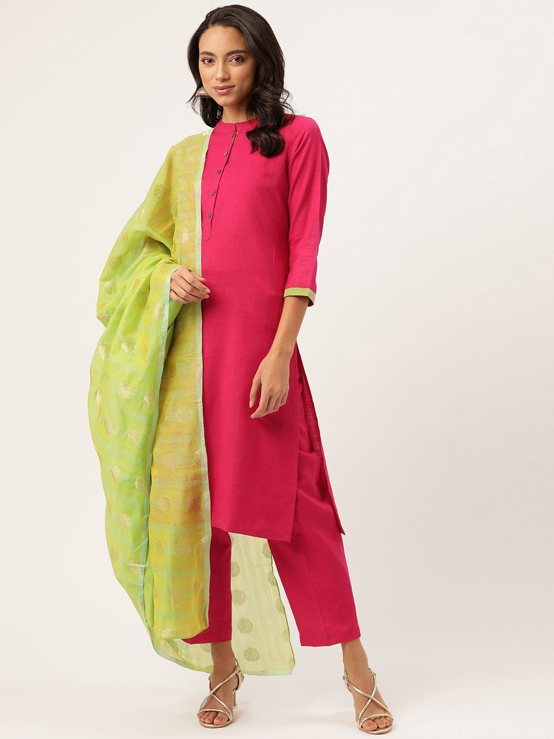 Women's Fuchsia Kurta With Pants & Green Chanderi Jacquard Dupatta - SHAE