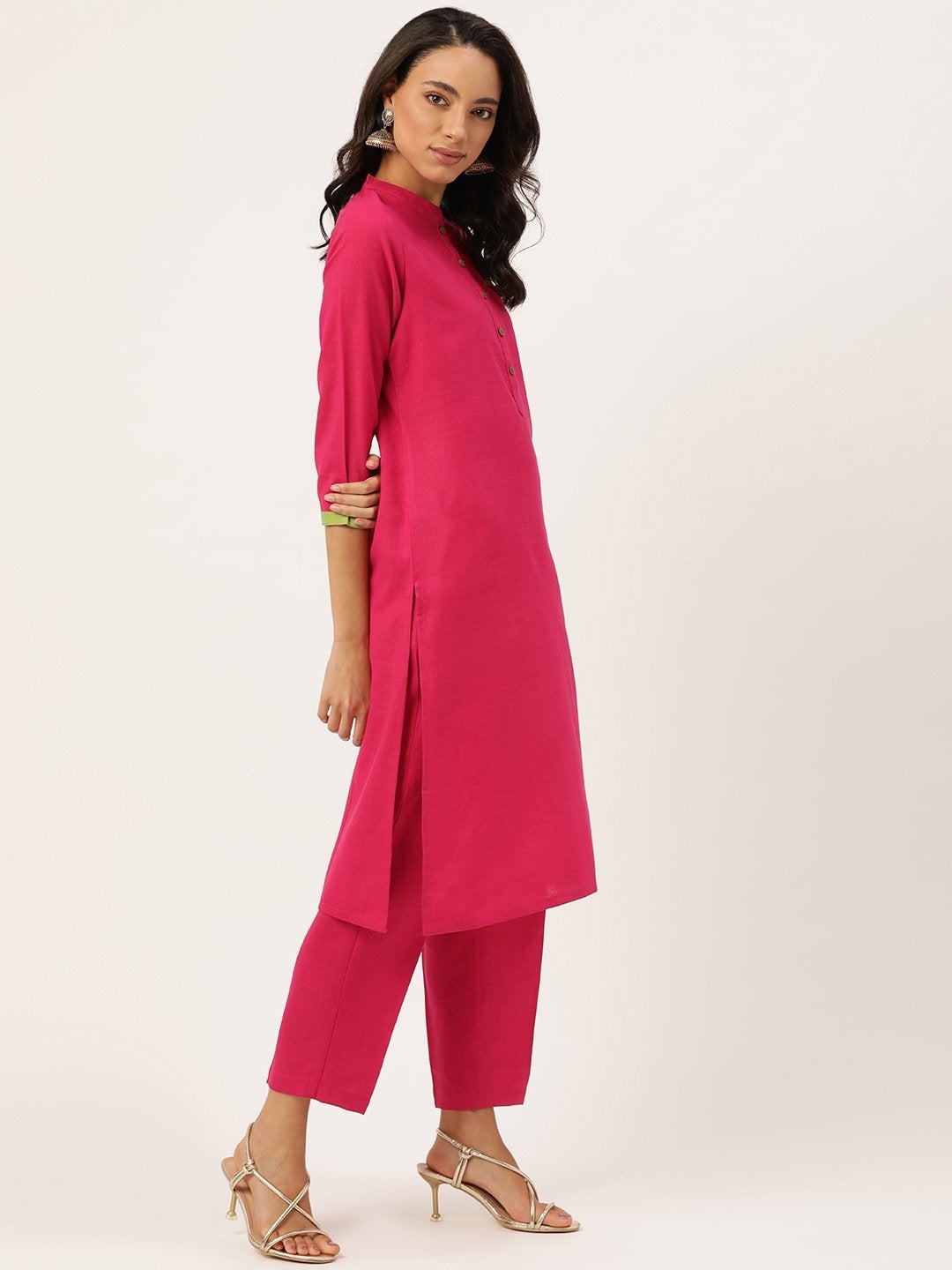 Women's Fuchsia Kurta With Pants & Green Chanderi Jacquard Dupatta - SHAE