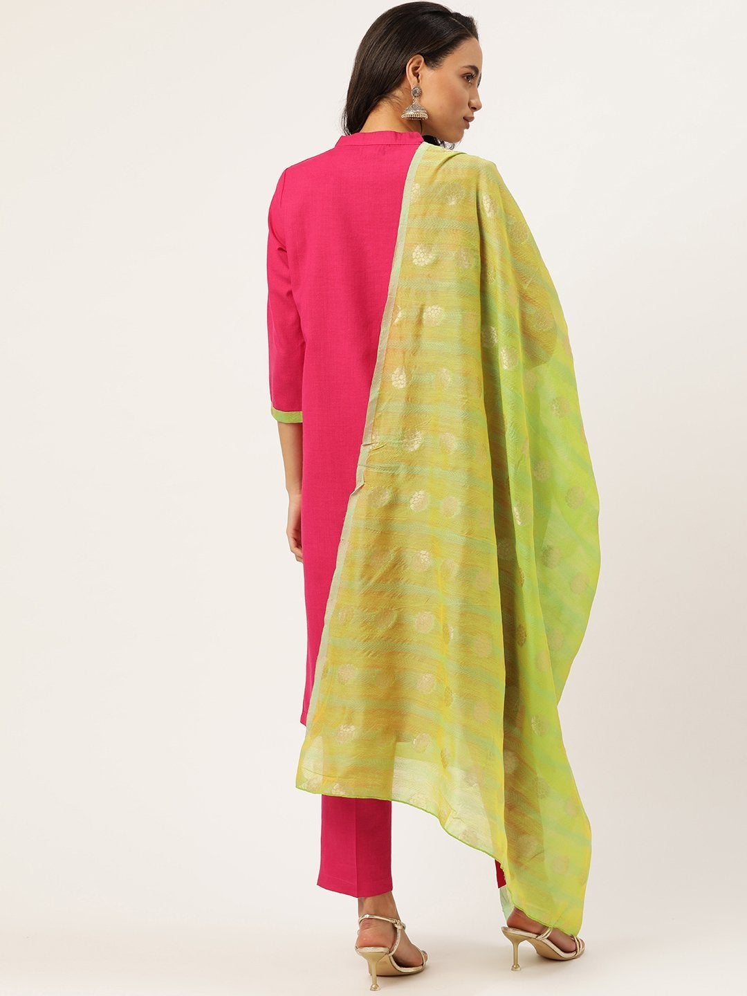 Women's Fuchsia Kurta With Pants & Green Chanderi Jacquard Dupatta - SHAE