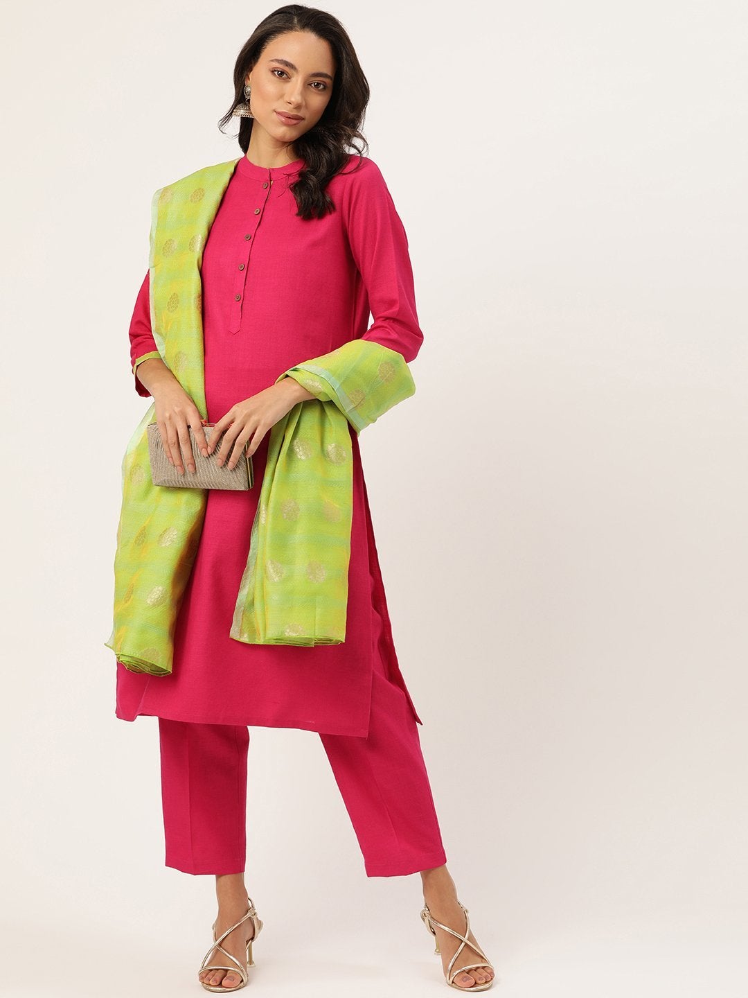 Women's Fuchsia Kurta With Pants & Green Chanderi Jacquard Dupatta - SHAE