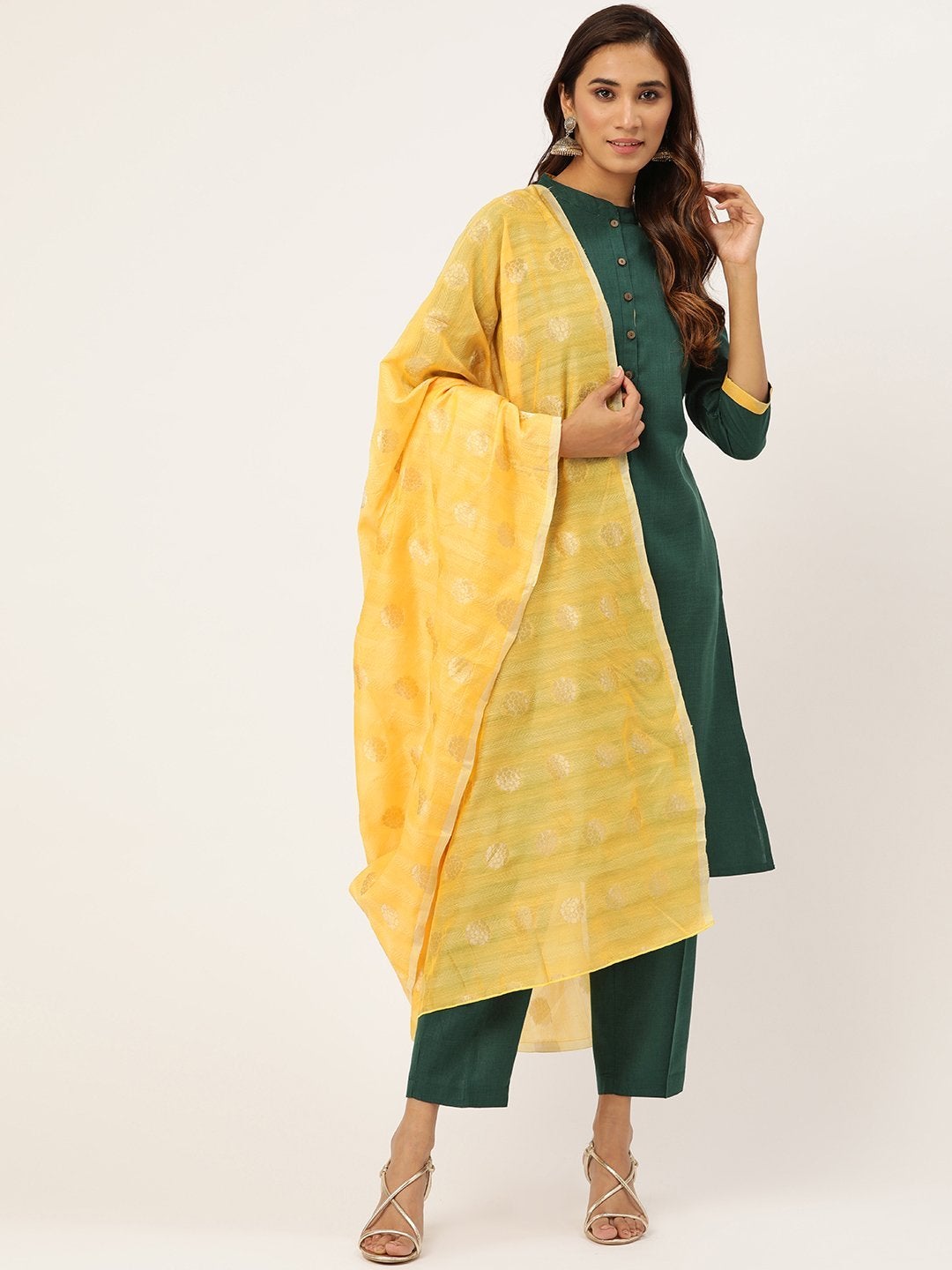 Women's Green Kurta With Pants & Yellow Chanderi Jacquard Dupatta - SHAE