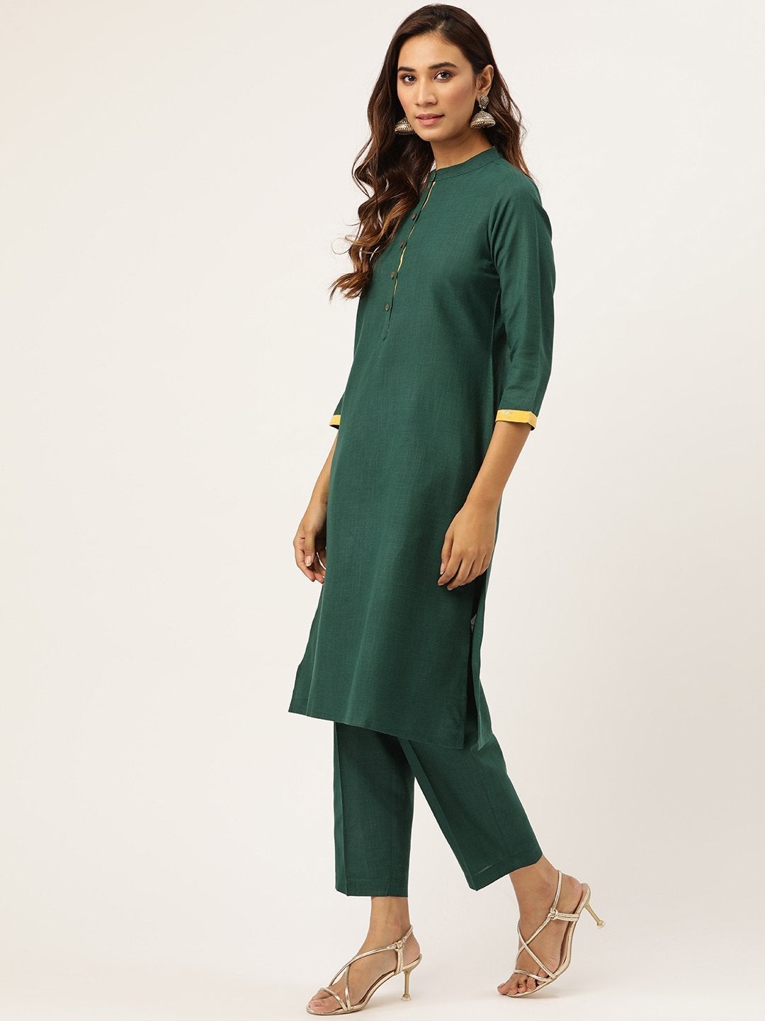 Women's Green Kurta With Pants & Yellow Chanderi Jacquard Dupatta - SHAE
