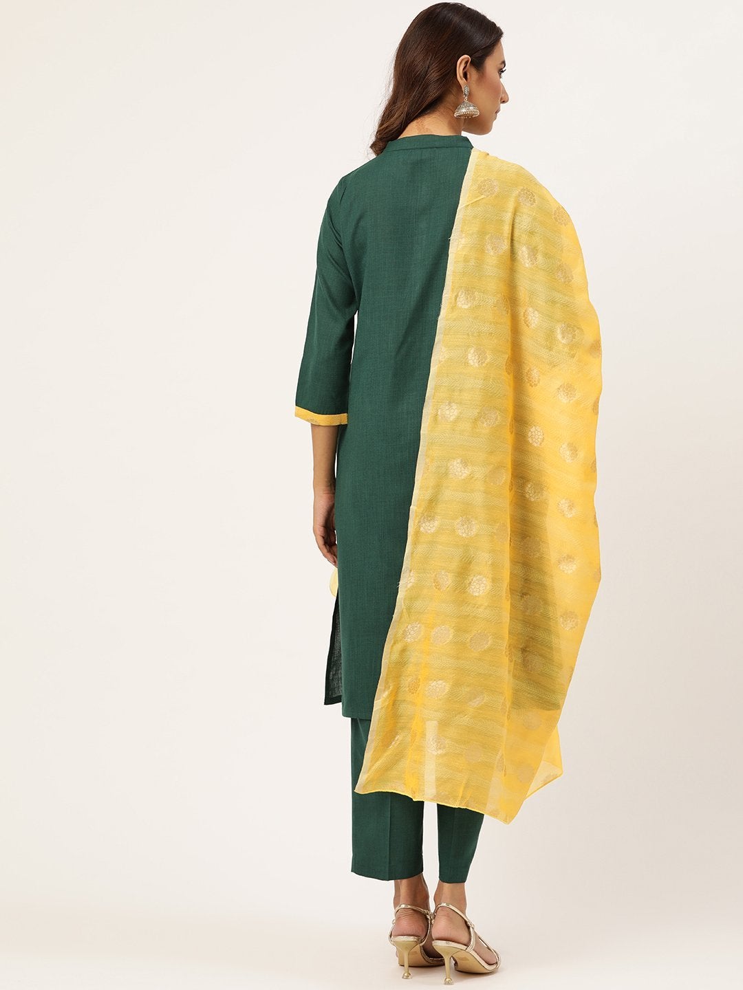 Women's Green Kurta With Pants & Yellow Chanderi Jacquard Dupatta - SHAE