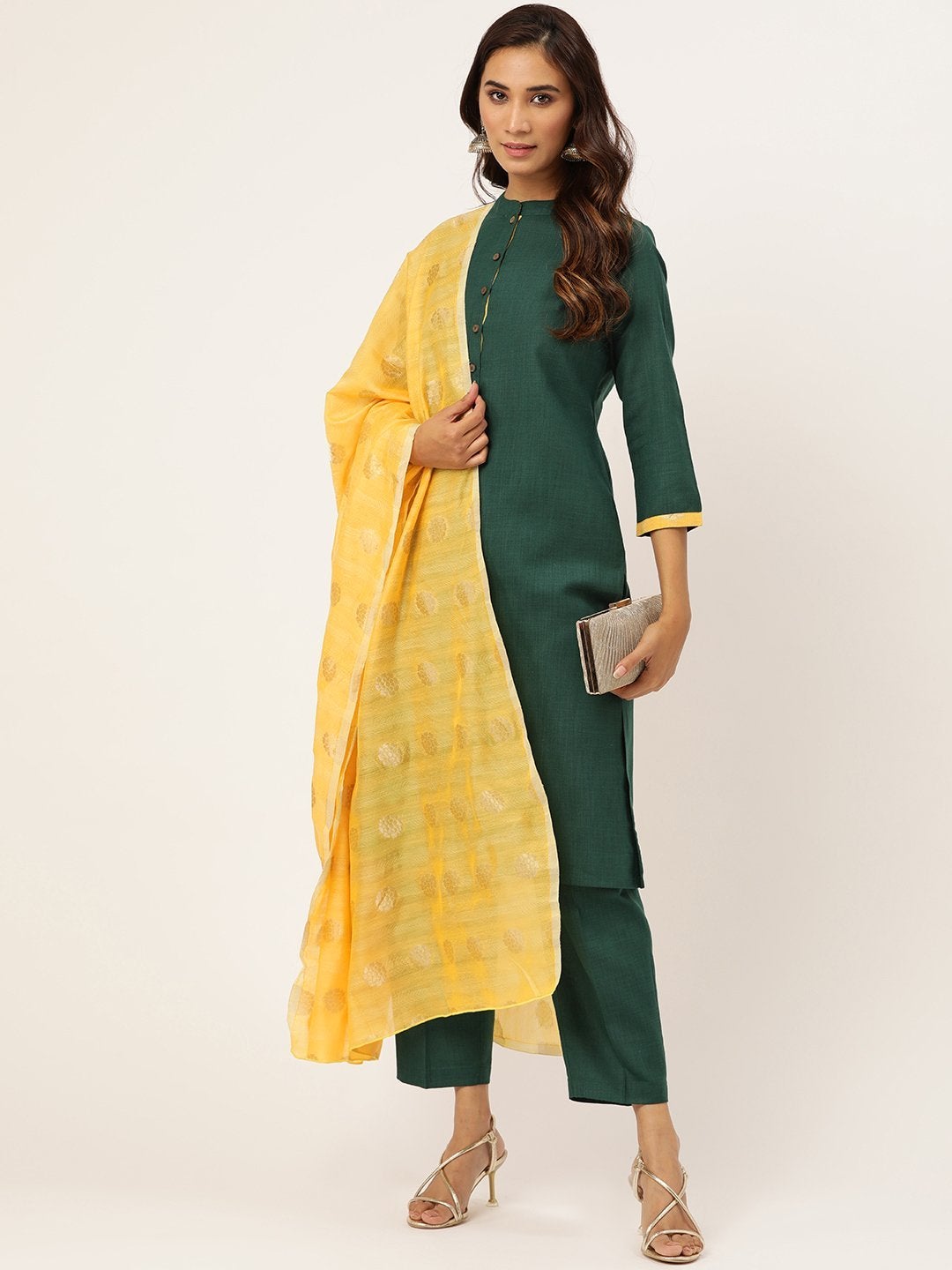 Women's Green Kurta With Pants & Yellow Chanderi Jacquard Dupatta - SHAE