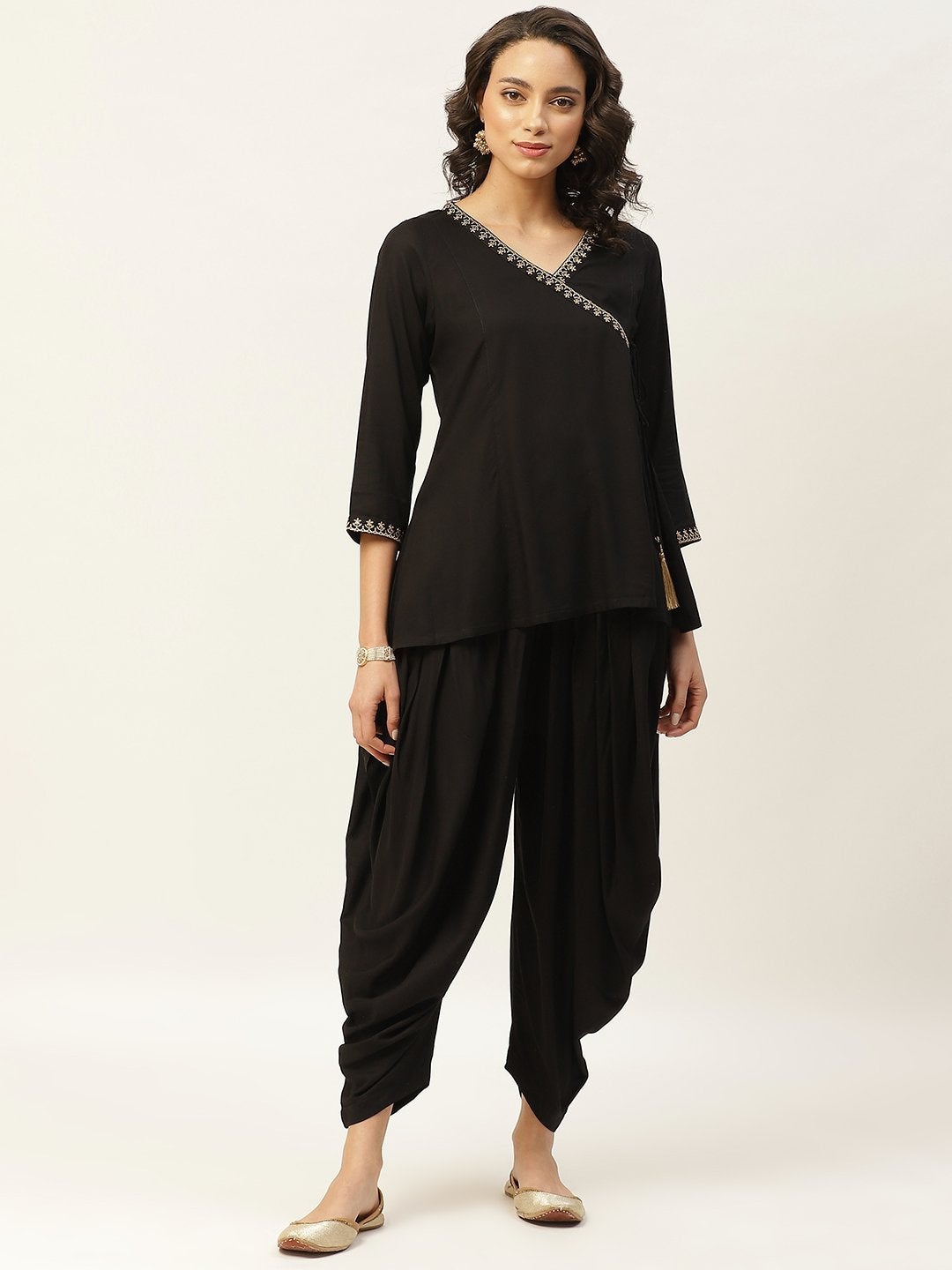 Women's Black Zari Emb Angrakha Top With Dhoti Pants - SHAE
