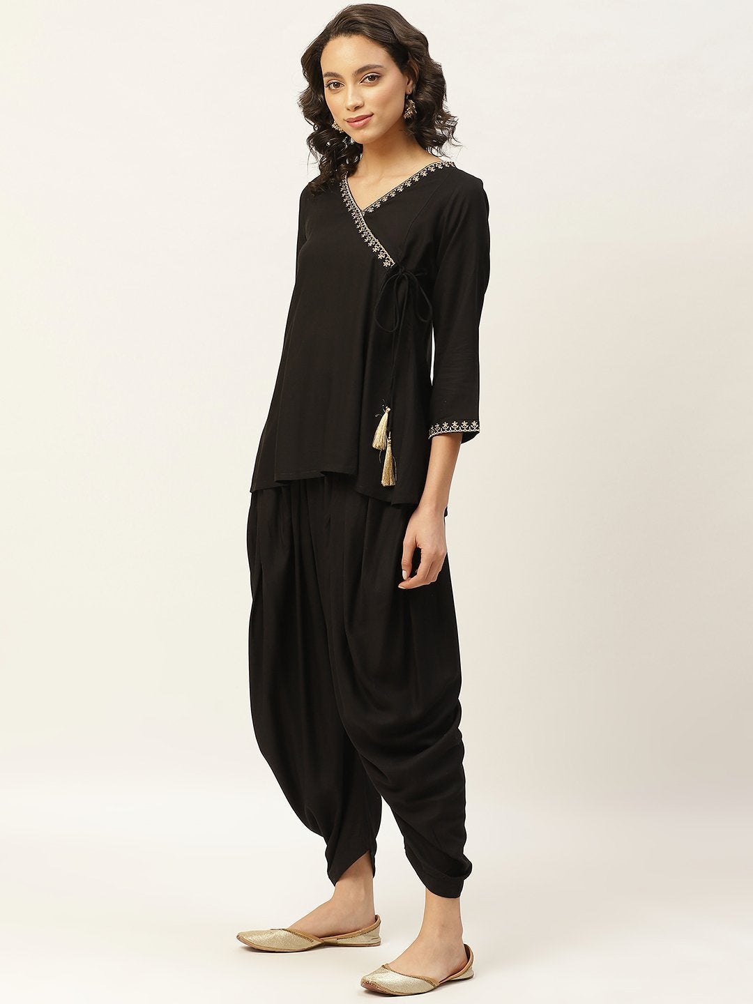 Women's Black Zari Emb Angrakha Top With Dhoti Pants - SHAE