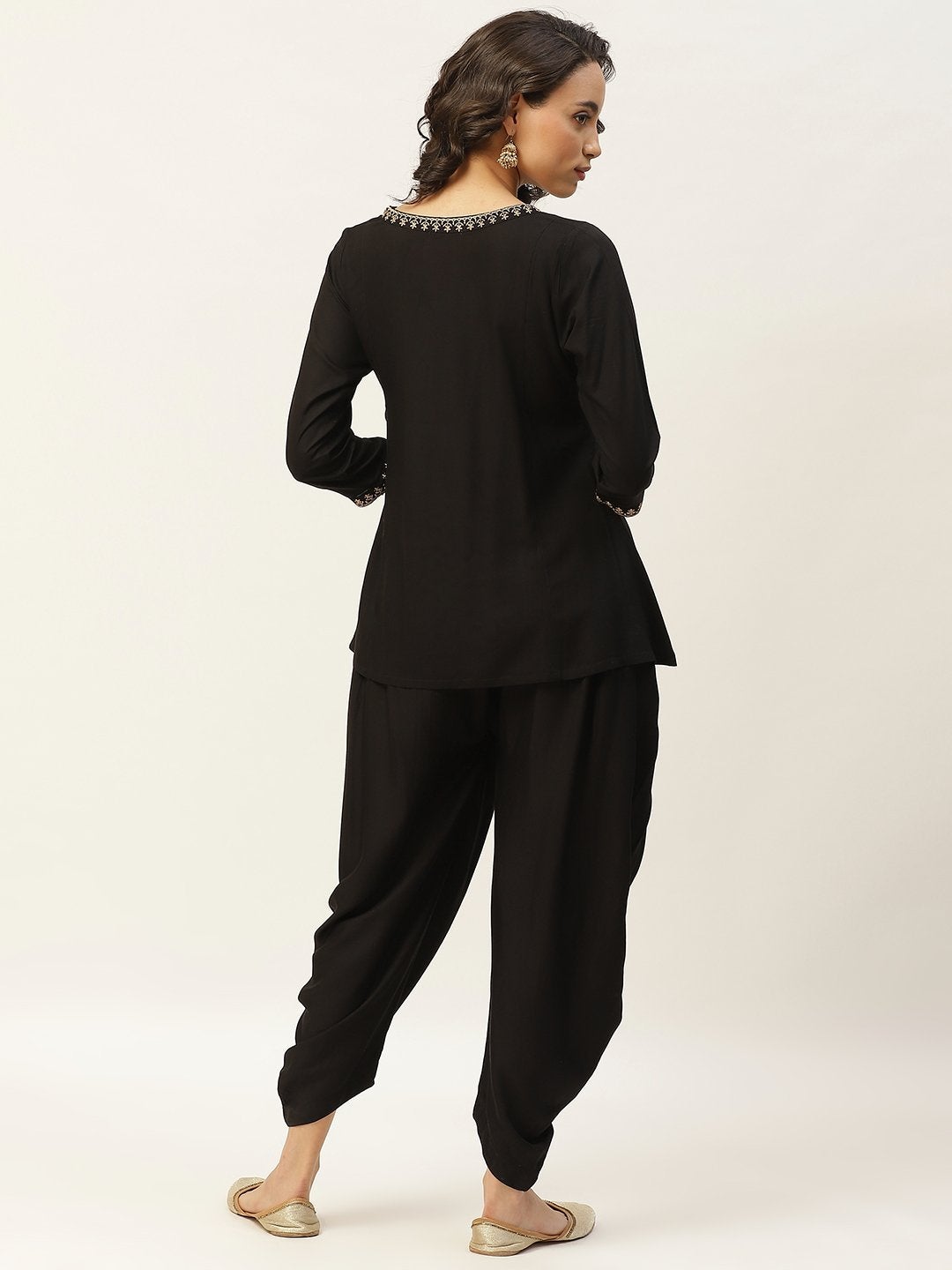 Women's Black Zari Emb Angrakha Top With Dhoti Pants - SHAE