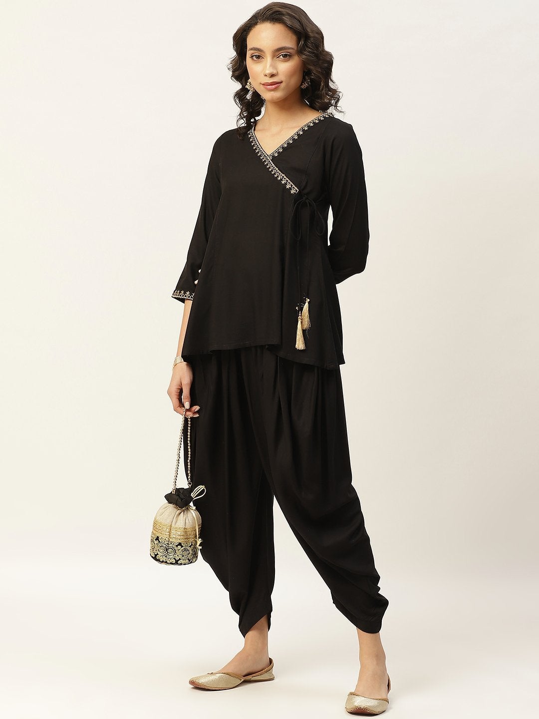 Women's Black Zari Emb Angrakha Top With Dhoti Pants - SHAE