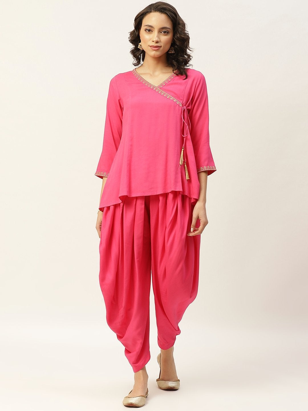 Women's Fuchsia Zari Emb Angrakha Top With Dhoti Pants - SHAE