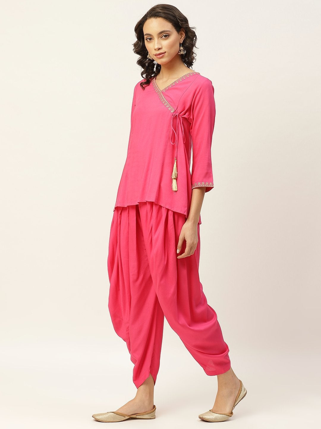 Women's Fuchsia Zari Emb Angrakha Top With Dhoti Pants - SHAE