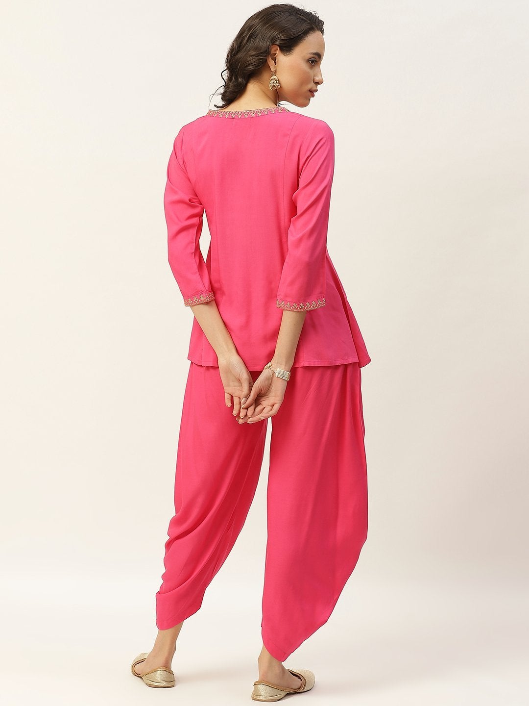 Women's Fuchsia Zari Emb Angrakha Top With Dhoti Pants - SHAE