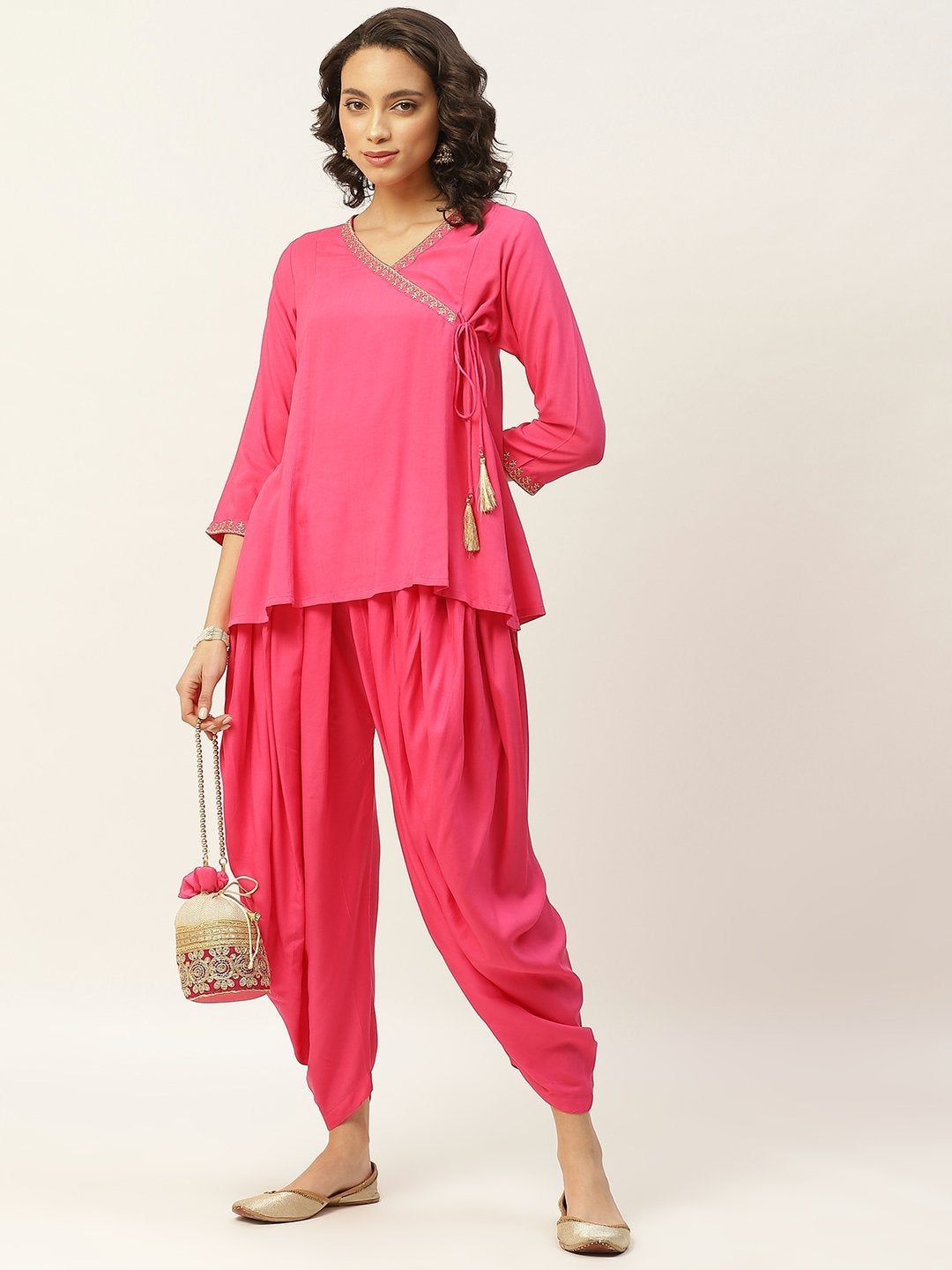 Women's Fuchsia Zari Emb Angrakha Top With Dhoti Pants - SHAE