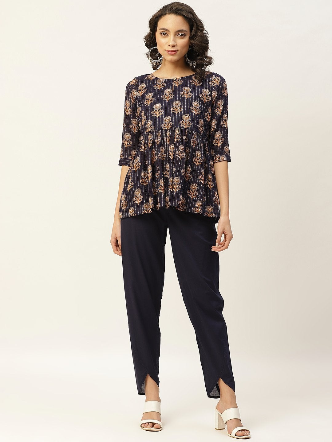 Women's Navy Lurex Floral Peplum Top With Tulip Pants