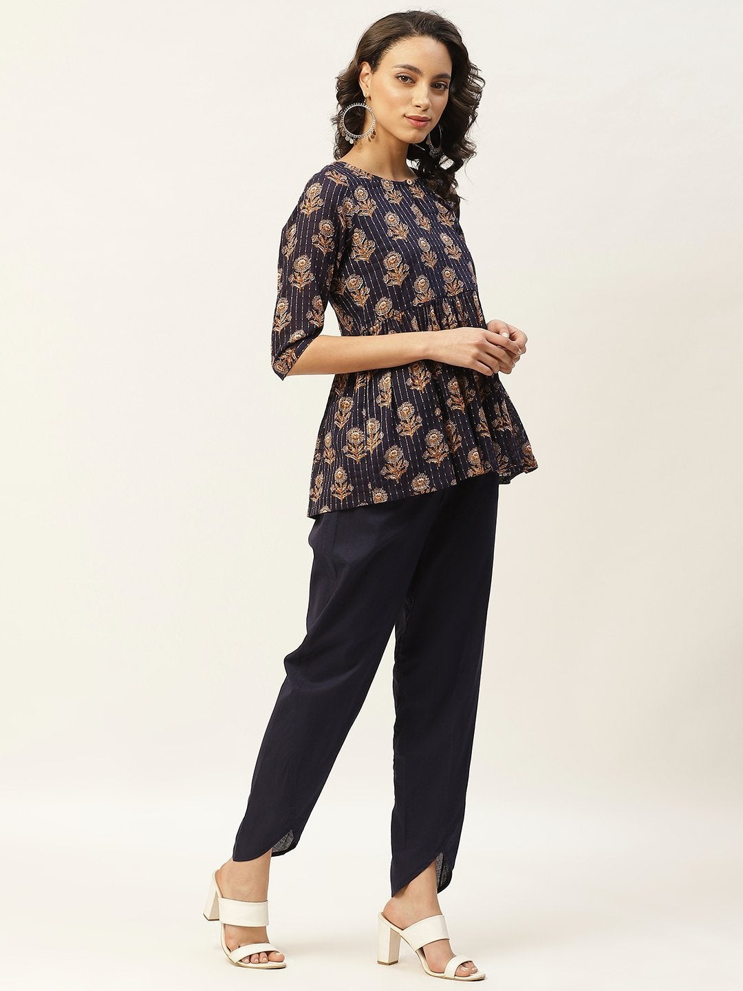 Women's Navy Lurex Floral Peplum Top With Tulip Pants