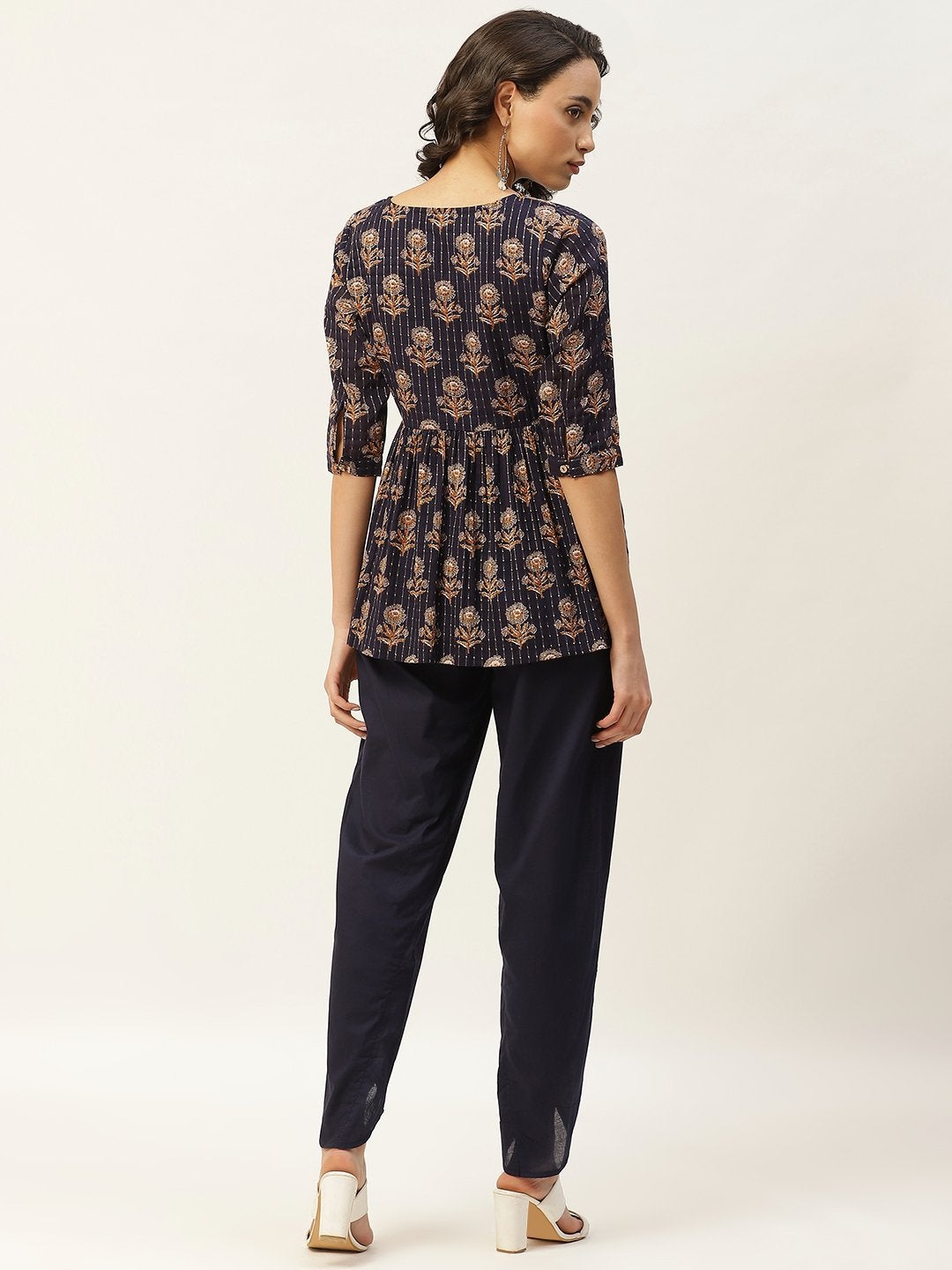 Women's Navy Lurex Floral Peplum Top With Tulip Pants