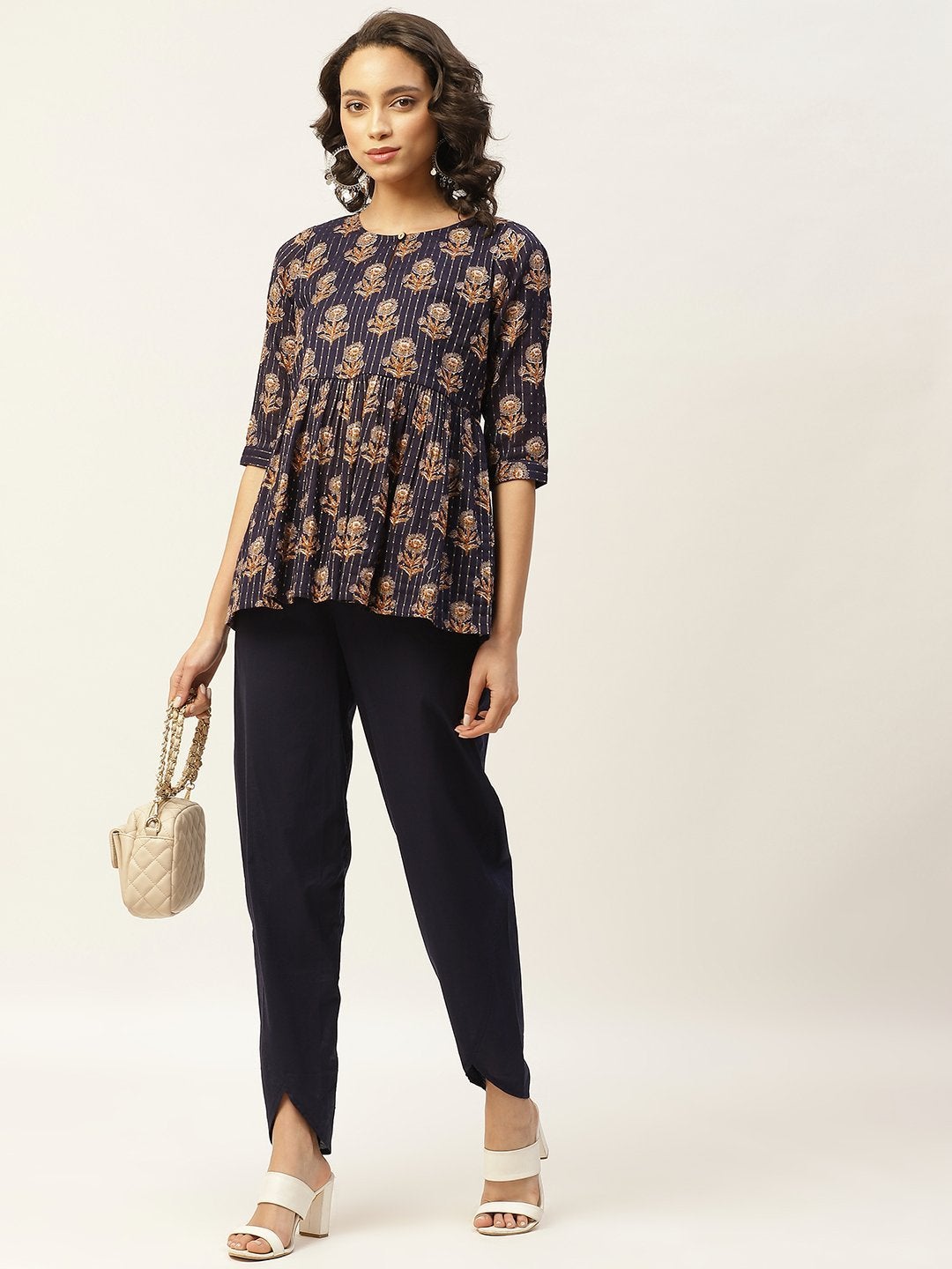 Women's Navy Lurex Floral Peplum Top With Tulip Pants