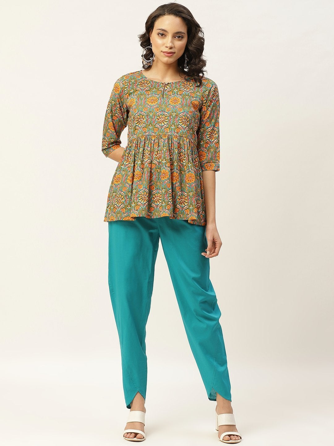 Women's Teal Floral Peplum Top With Tulip Pants