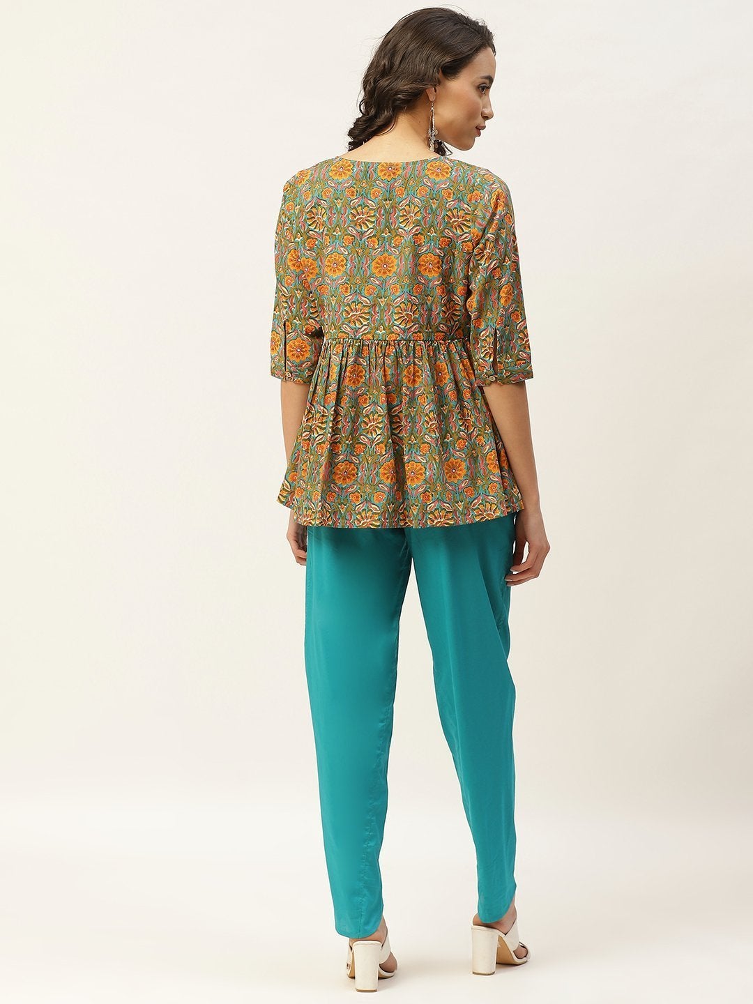 Women's Teal Floral Peplum Top With Tulip Pants