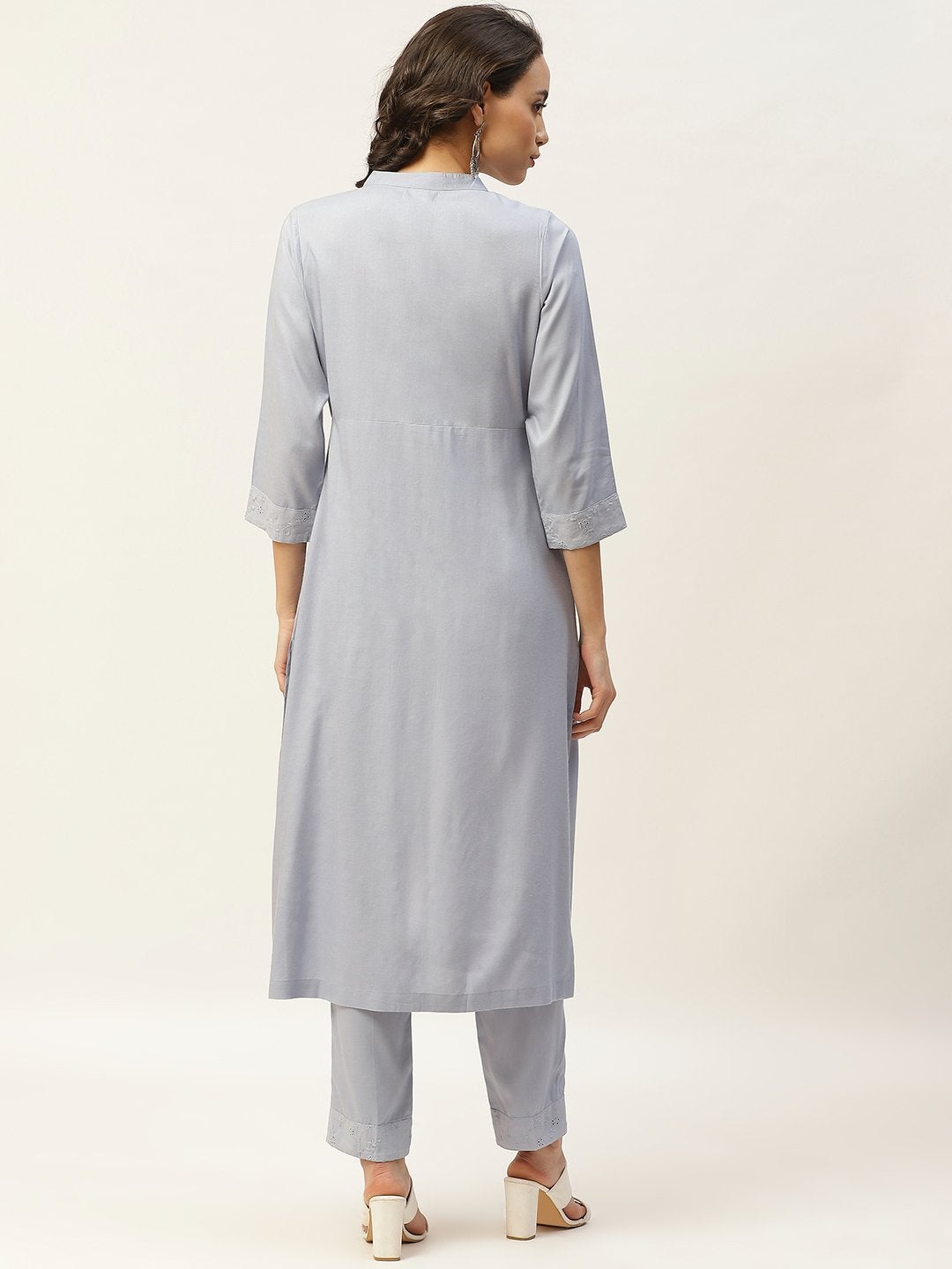 Women's Grey Schiffli Straight Yoke Kurta With Pants - SHAE